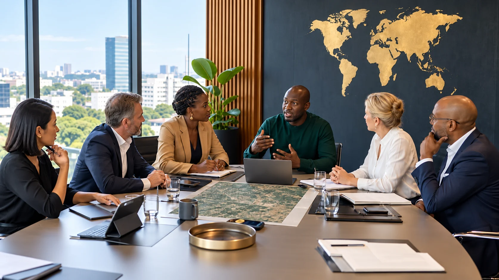 Professionals discussing opportunities around a conference table